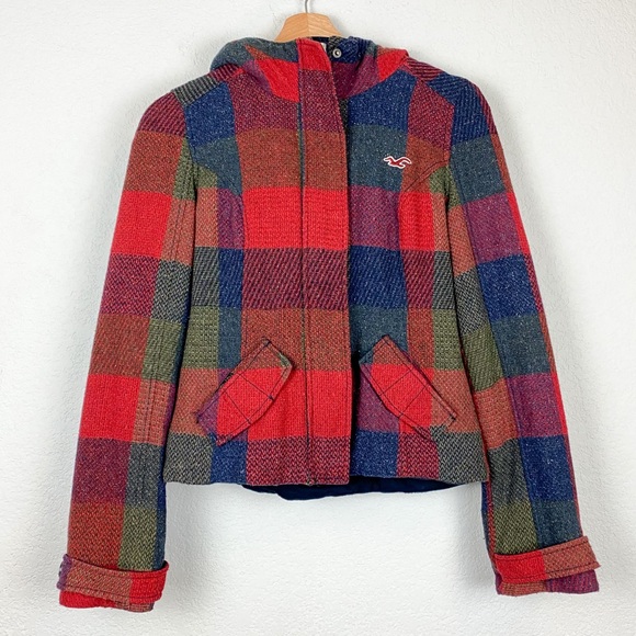 Hollister Jacket Plaid Wool Blend Faux Fur Trim Zip Up and Button Up Coat Sz XS - Picture 1 of 16